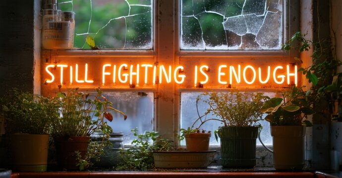 Naklejki Warm orange neon phrase still fighting is enough in thick font glowing gently above cracked kitchen window with plants reaching in