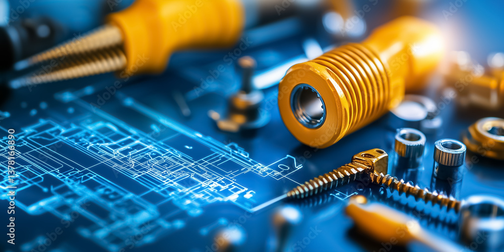 Poster detailed view of mechanical components including screws and nuts placed on a blue circuit board. int