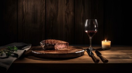 Succulent steak with red wine ambiance.