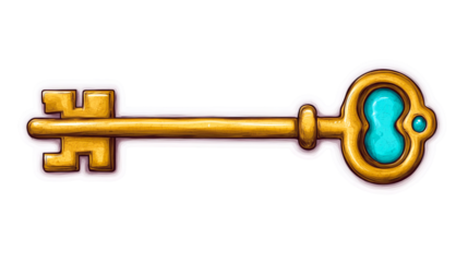 Ornate golden key with turquoise gem, antique treasure hunt, cut out transparent