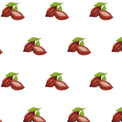 Seamless pattern of Cacao beans with green leaves in cartoon style on white background. Sliced Cacao beans into halves. Illustration for background, wallpaper, textile, fabrics, packaging.