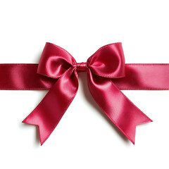 Fototapeta premium Satin crimson ribbon neatly tied in a bow stretches horizontally across a clean white surface casting subtle shadows.