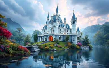 Fairytale castle with blue roofs reflects on calm lake surrounded by lush nature and mountains under cloudy sky. Scenic, idyllic view.