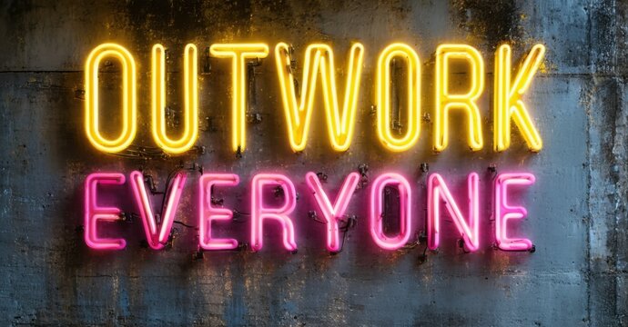 Naklejki Neon phrase outwork everyone in yellow and magenta heavy bold font mounted on old concrete with wire reflections and high detail grime