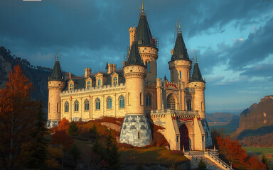 A grand castle sits on a hillside adorned with autumnal colors, under a dramatic sky. The architecture is highlighted by warm sunlight, creating a picturesque and serene scene.
