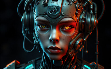 A futuristic woman with glowing yellow eyes and a complex robotic helmet gazes intently. Cybernetic enhancements and wires are visible, illuminated by dramatic red and blue lighting.