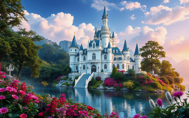 White fairytale castle with towers on an island, surrounded by water, flowers, and trees, under a blue and cloudy sky with mountains in background.