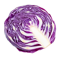 Obraz premium Freshly sliced red cabbage showcases its deep purple hues and white inner layers against a plain white background, Fresh red slice cabbage isolated on white background