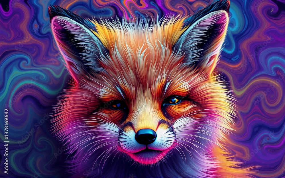 Poster a vividly colored fox portrait against a swirling, abstract background. the artwork features bright 