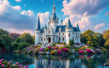 A white castle with blue roofs sits surrounded by colorful flowers and a serene lake under a partly cloudy sky.