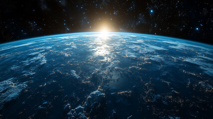 Obraz premium breathtaking view of Earth from space, showcasing planet curvature and sun rising on horizon, evoking sense of wonder and tranquility