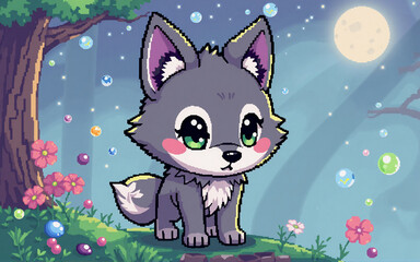 Cute wolf cub with big green eyes and pink cheeks sits in a forest beneath a full moon, surrounded by floating colorful bubbles.