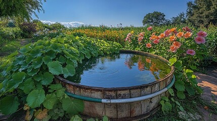 Rustic Rainwater Collection Tub in Garden, Nurturing Surrounding Flora