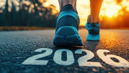 Person's feet in running shoes stepping into 2026 on a road at sunset.