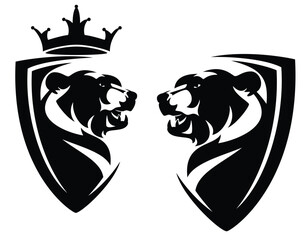 bear head in heraldic shield with royal crown - modern style coat of arms emblem for security concept black and white vector design set