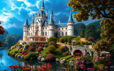 A majestic fairytale castle with blue roofs stands proudly on a hill surrounded by vibrant flowers and lush greenery, overlooking a serene lake under a cloudy sky.