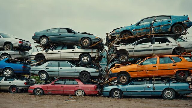 Stacks of crushed and rusted cars piled in rows at a scrapyard under a cloudy sky. A vivid mix of colors contrasts with the industrial, decaying atmosphere