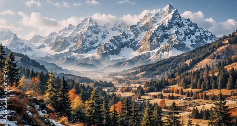 Poster snowy mountains rise above a valley filled with autumnal trees and forests under a partially cloudy 