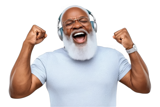 Happy African American Senior Man Listening Music with Headphones Isolated Photo