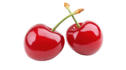 Fresh red cherries, vibrant glossy skin, two cherries connected by a green stem, perfect for summer desserts or healthy snacks. Isolated on white background or PNG