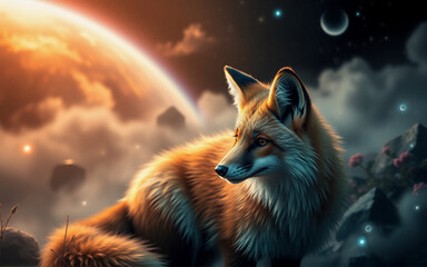 A red fox gazes into a dreamy nightscape featuring a large planet, cloudy sky, and twinkling stars, creating a magical, serene atmosphere.