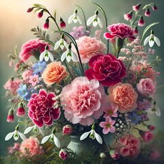 A beautiful bouquet of pink flowers and snowdrops in sunlight.