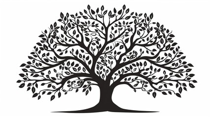 A silhouette tree clipart with intricate branches spreading widely, standing against a white background.