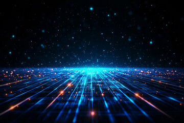 Obraz premium mesmerizing abstract blue background featuring glowing waves and grid pattern, creating sense of depth and movement. vibrant lights evoke futuristic atmosphere