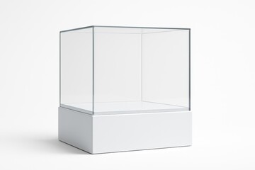 Empty Glass Display Case Mockup on a White Base Ready for Product Showcase in a Showroom Setting