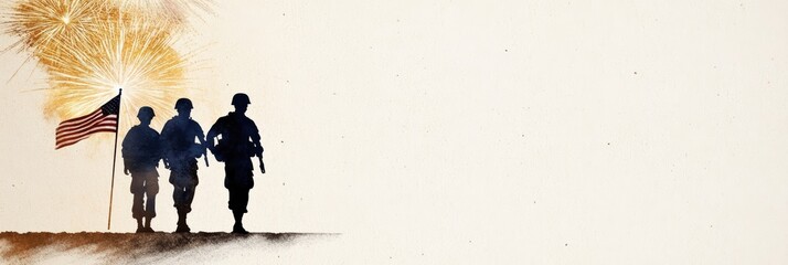 patriotic watercolor tribute, a watercolor web banner blends celebratory elements with warm hues in an elegant tribute to soldiers