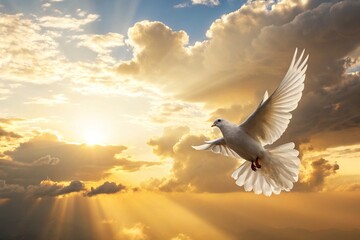 Fototapeta premium A majestic white dove soars through a breathtaking sunset, symbolizing peace and hope in a vibrant, golden sky.