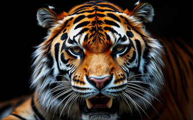 Naklejka premium Intense close-up of a majestic tiger's face. Striking orange and black stripes, piercing eyes, and a powerful gaze against a dark background.