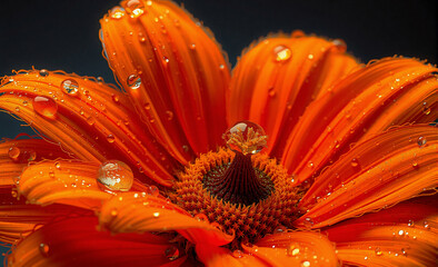 Vibrant orange flower petals glisten with fresh water droplets, highlighting the bloom's texture and vivid color against a dark background.  A macro view emphasizes the flower's detail.