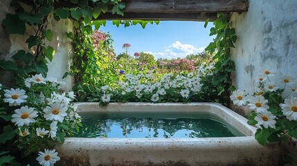 Quaint Rainwater Basin in Garden, with Vines and Flowering Plants
