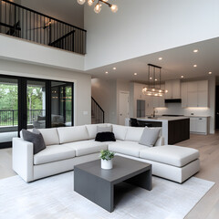 Open-concept, modern living room with a stylish sectional sofa, a contemporary coffee table, and a view of the outdoors.  Large windows offer natural light