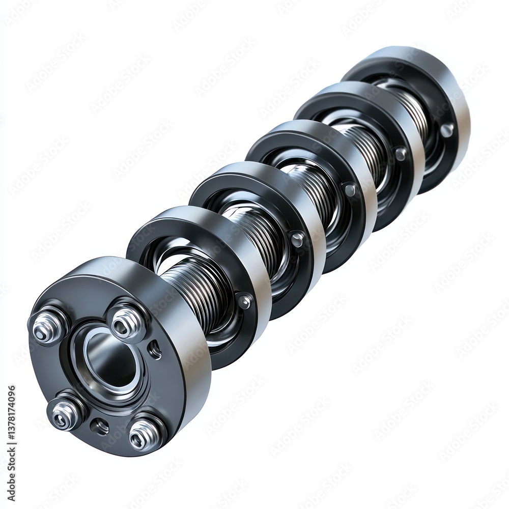 Poster metallic mechanical spring assembly with multiple coils and flanges for engineering or industrial ap