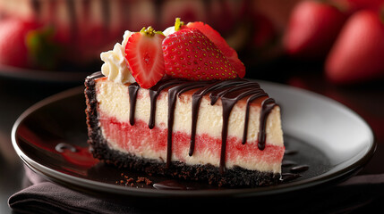 AI generator image of pie with cottage cheese and sliced strawberries with leaves on a designer openwork plate, crumbs fall from top to bottom on a piece of pie,appetizing food