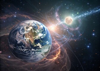 Obraz premium Earth's cosmic dance with a dying star, a vibrant nebula swirling around them in a breathtaking display of celestial energy and ethereal beauty.