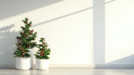 Fototapeta premium Minimalist Christmas Decor: Three potted Christmas trees with red berries against a sunlit white wall.