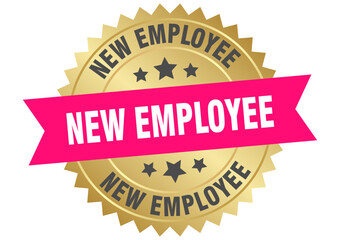 new employee. new employee round pink and gold label isolated on transparent background