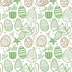 A cheerful and playful Easter-themed seamless pattern featuring stylized eggs in shades of light green and a warm taupe