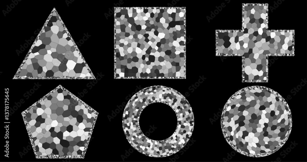 Poster black and white geometric shapes with a mosaic pattern. the effect resembles stained glass or pixel 