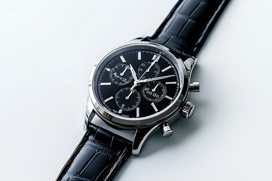 Black and silver watch with black leather on a white background - Powered by Adobe