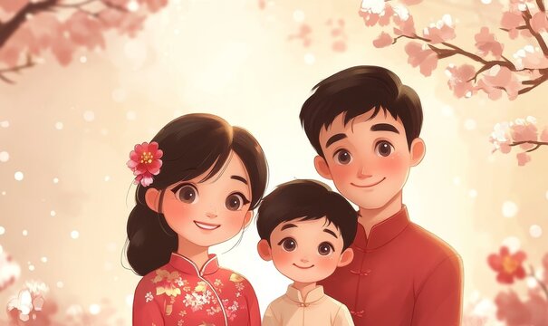 asian happy family dad mom daughter and son tog cartoon  illustration, Generative AI
