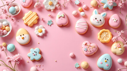 Colorful Easter cookies decorated with flowers and eggs on a pink background