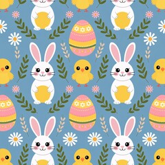 This cheerful seamless pattern features adorable cartoon bunnies, chicks, and decorated Easter eggs, set against a light blue background