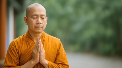 Fototapeta premium Serene Buddhist monk in orange robe practicing gratitude in temple, symbolizing peace and mindfulness.