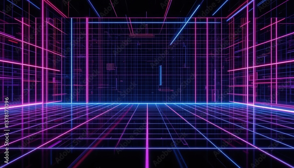 Poster dynamic neon grid animation virtual space digital art high-tech environment 3d perspective futuristi