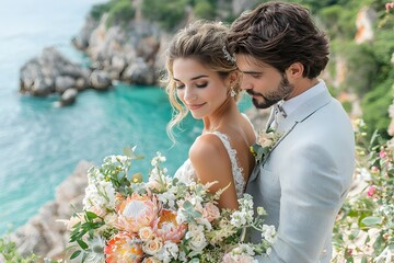 Newlyweds embracing during a scenic beachfront wedding ceremony