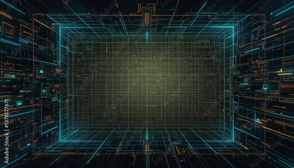 Poster exploring digital innovation through futuristic grid designs virtual space abstract visualization te